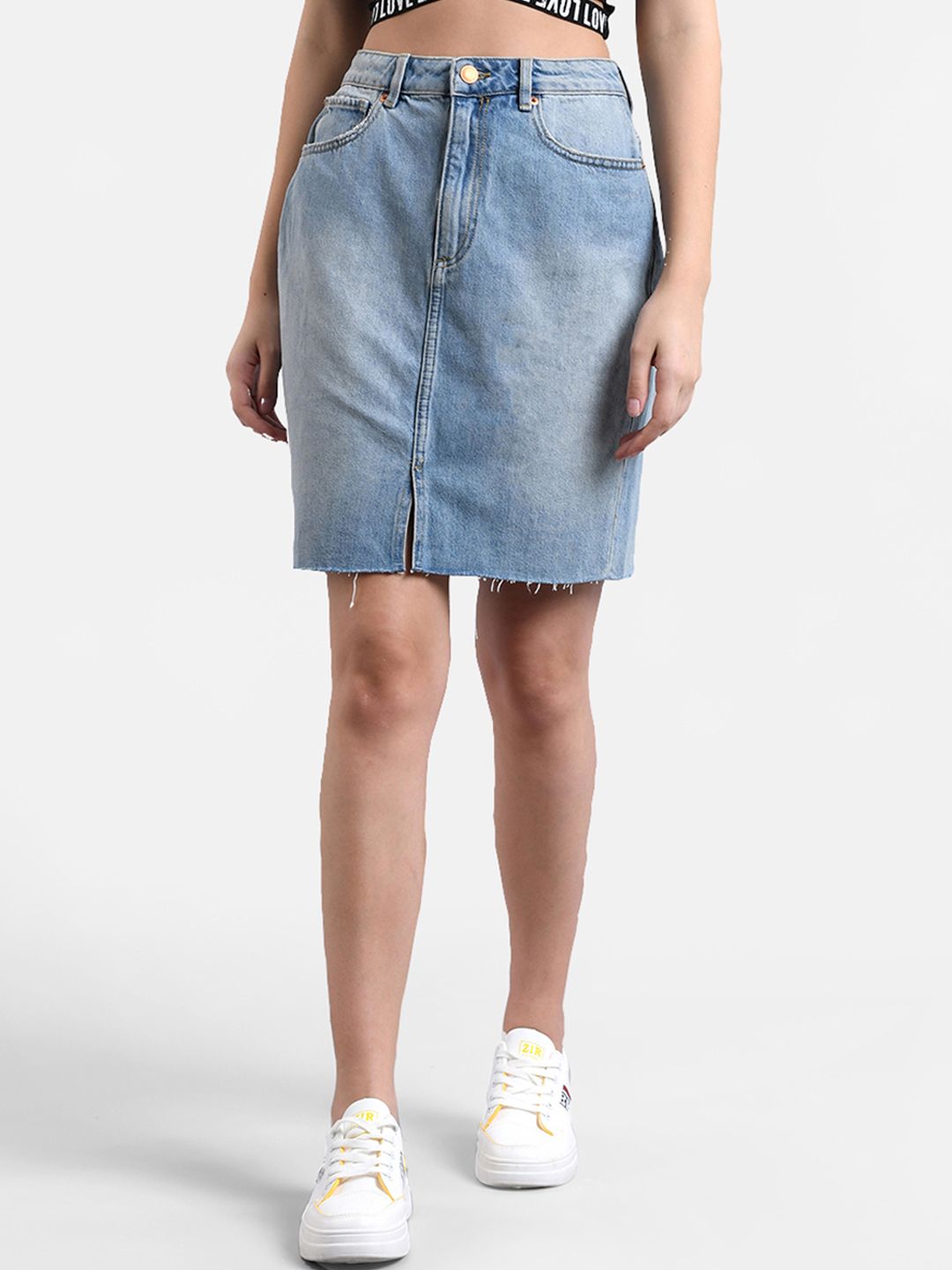 Kotty Women Blue Solid Denim Straight Mini Skirt