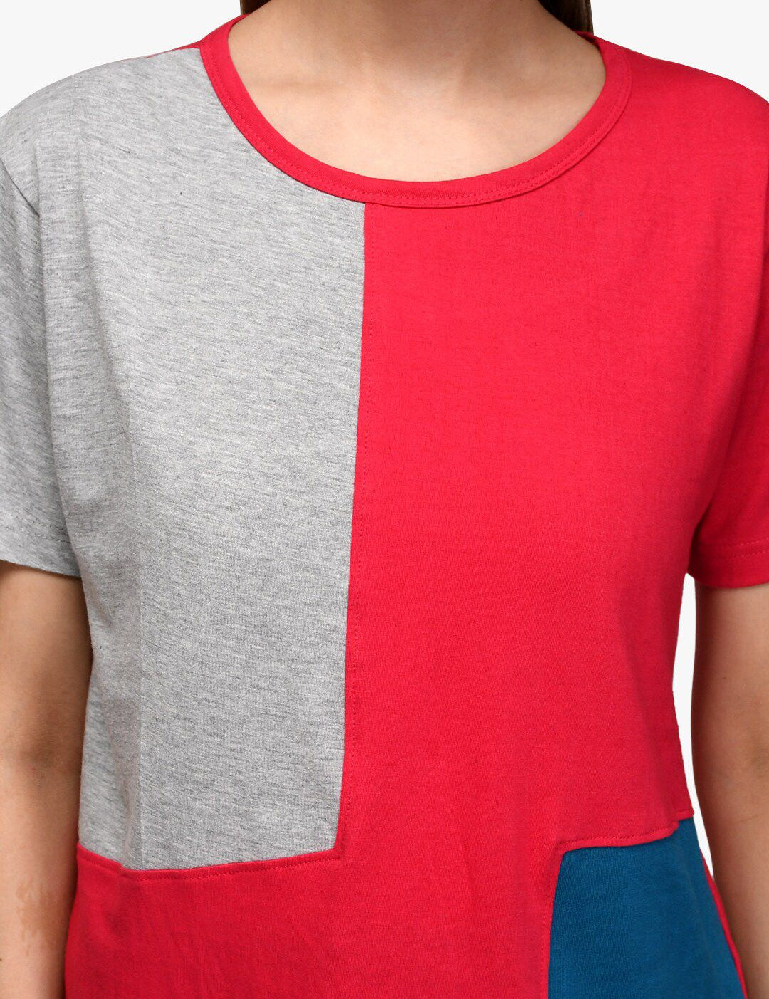 Kotty Women Red & Grey Colourblocked Round Neck T-shirt