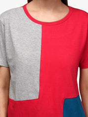 Kotty Women Red & Grey Colourblocked Round Neck T-shirt