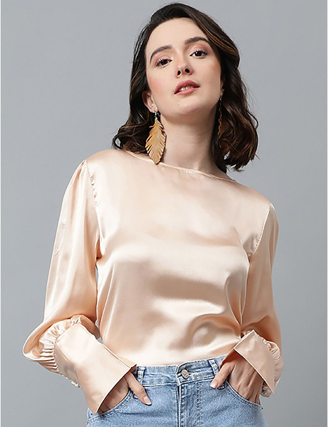 KOTTY BIZwear Beige Cuffed Sleeve Satin Top