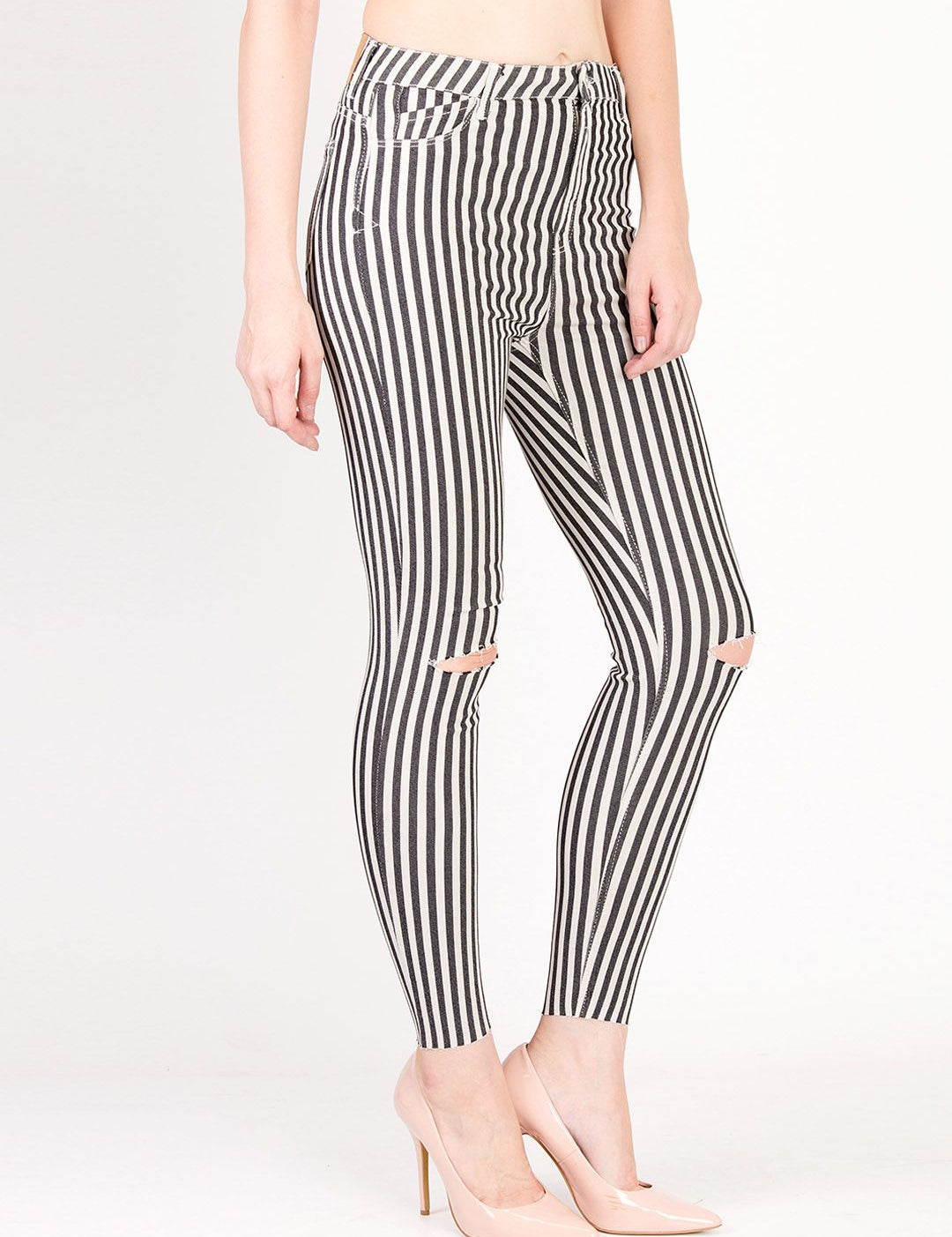 Kotty Women White & Black Skinny Fit High-Rise Slash Knee Striped Jeans