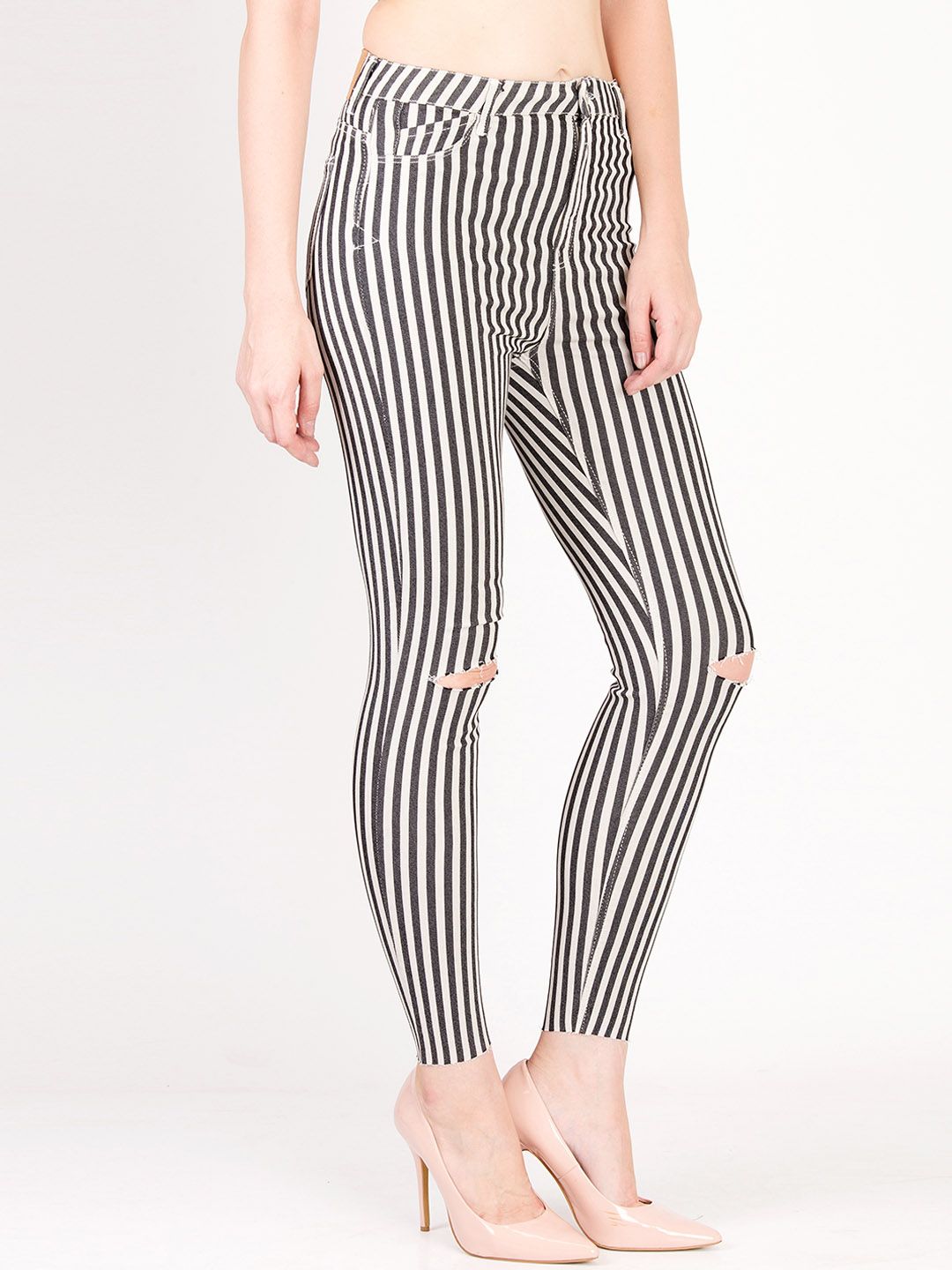 Kotty Women White & Black Skinny Fit High-Rise Slash Knee Striped Jeans