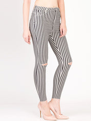 Kotty Women White & Black Skinny Fit High-Rise Slash Knee Striped Jeans