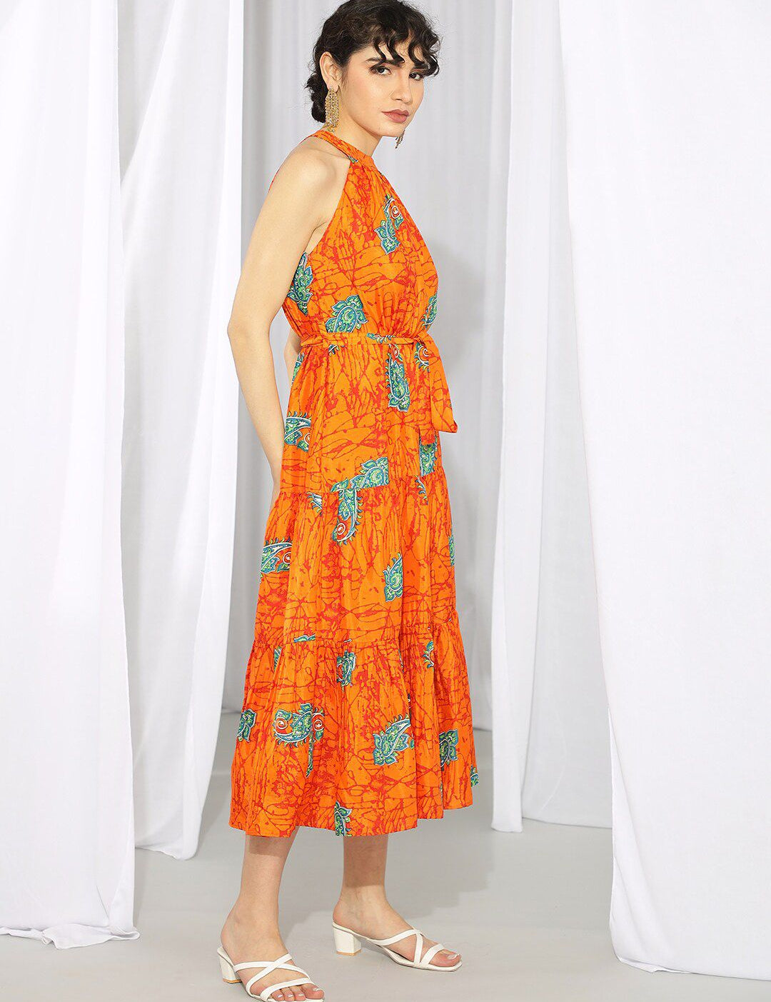 Kotty Orange Ethnic Motif Printed Tiered Fit & Flare Midi Dress
