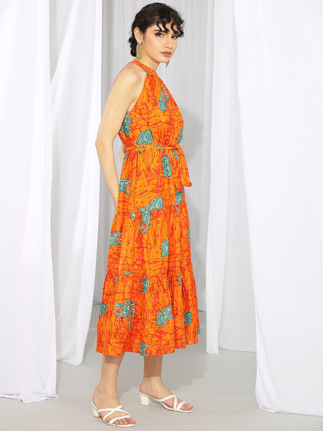 Kotty Orange Ethnic Motif Printed Tiered Fit & Flare Midi Dress