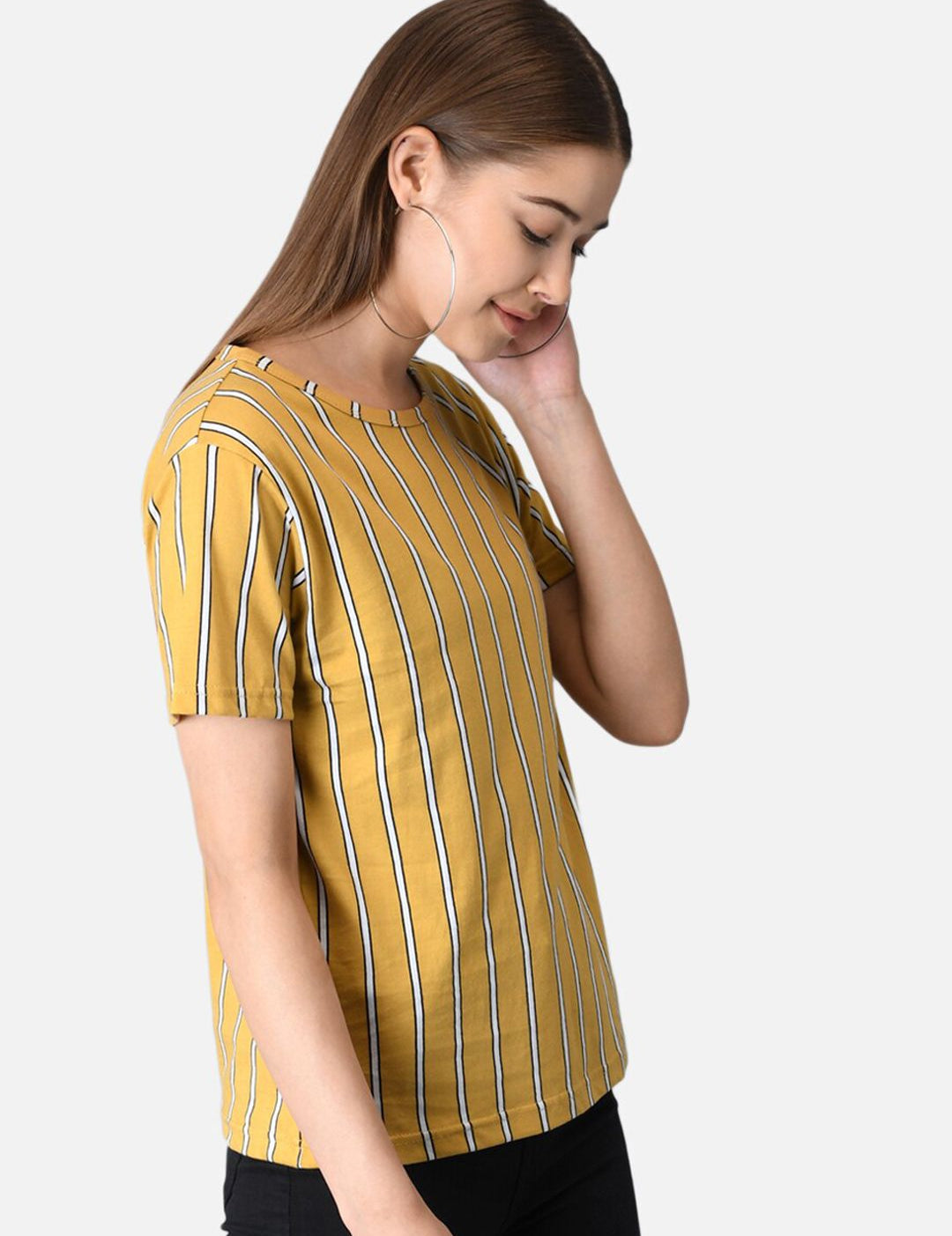 Kotty Women Yellow Striped Boat Neck T-shirt