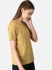 Kotty Women Yellow Striped Boat Neck T-shirt