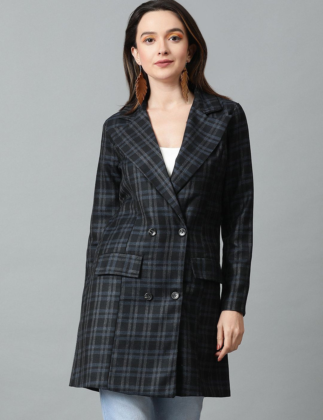 KOTTY BIZwear Black Checked Double-Breasted Overcoat
