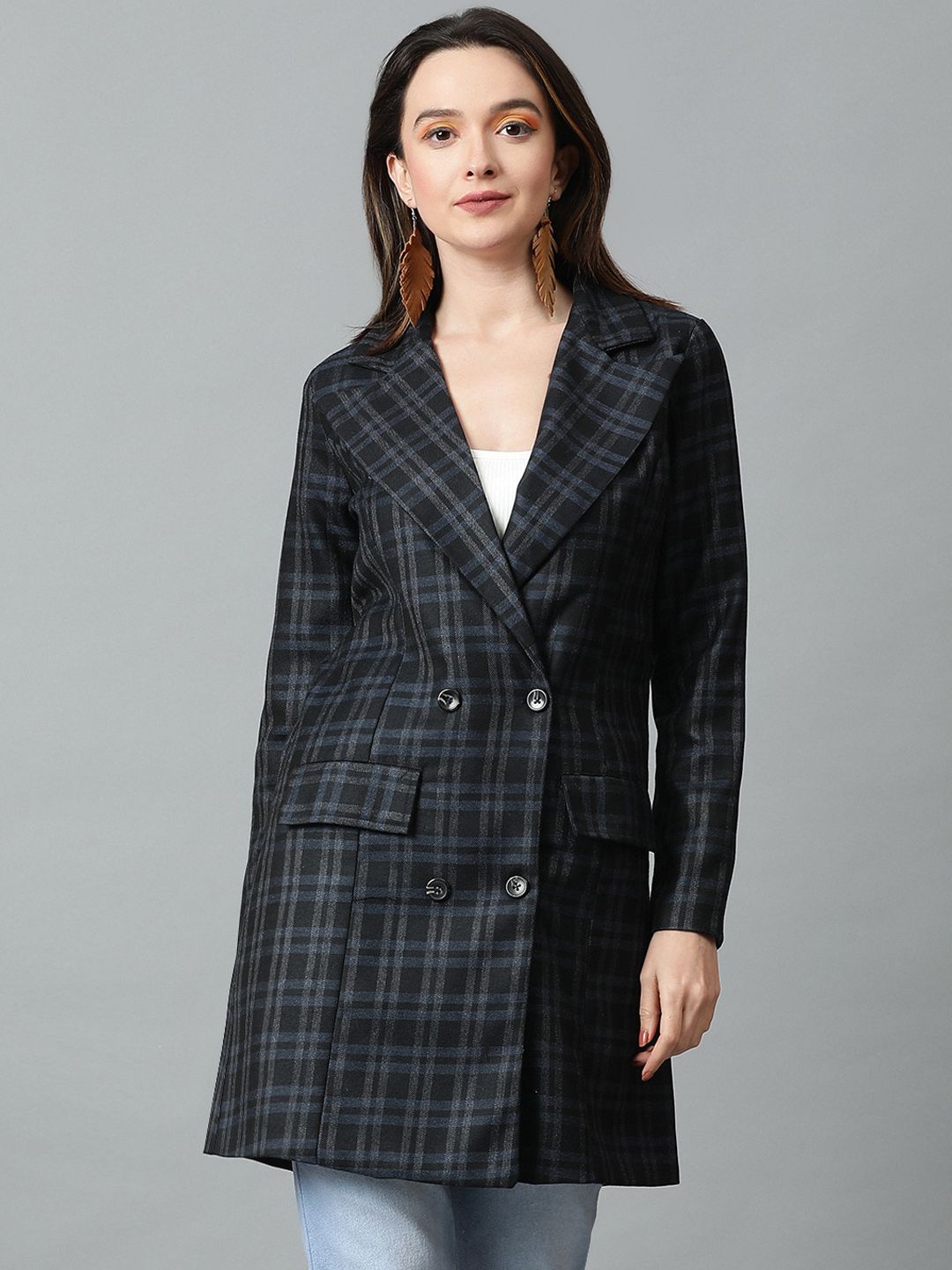 KOTTY BIZwear Black Checked Double-Breasted Overcoat