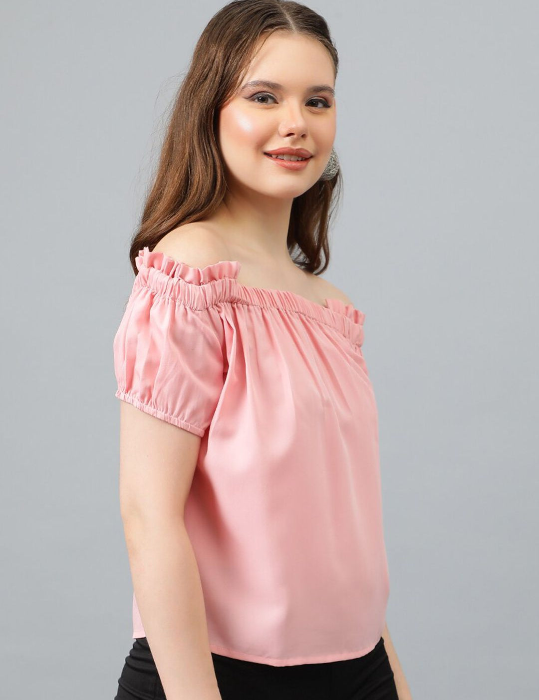 Kotty Pink Off-Shoulder Puff Sleeves Bardot Top