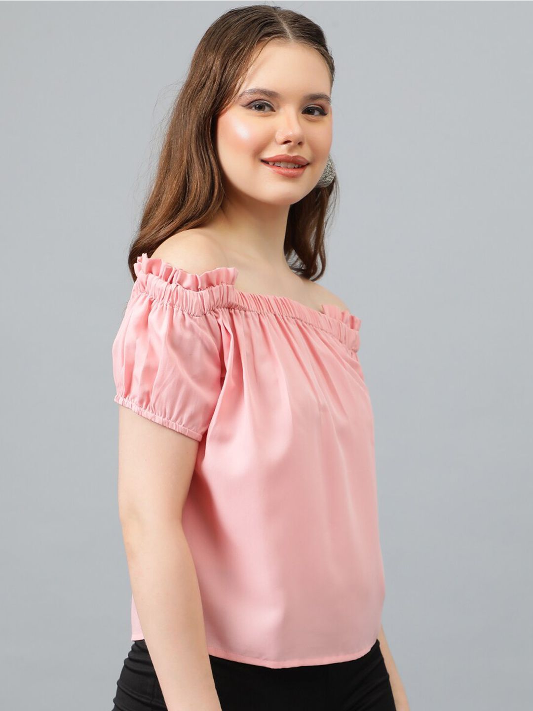 Kotty Pink Off-Shoulder Puff Sleeves Bardot Top