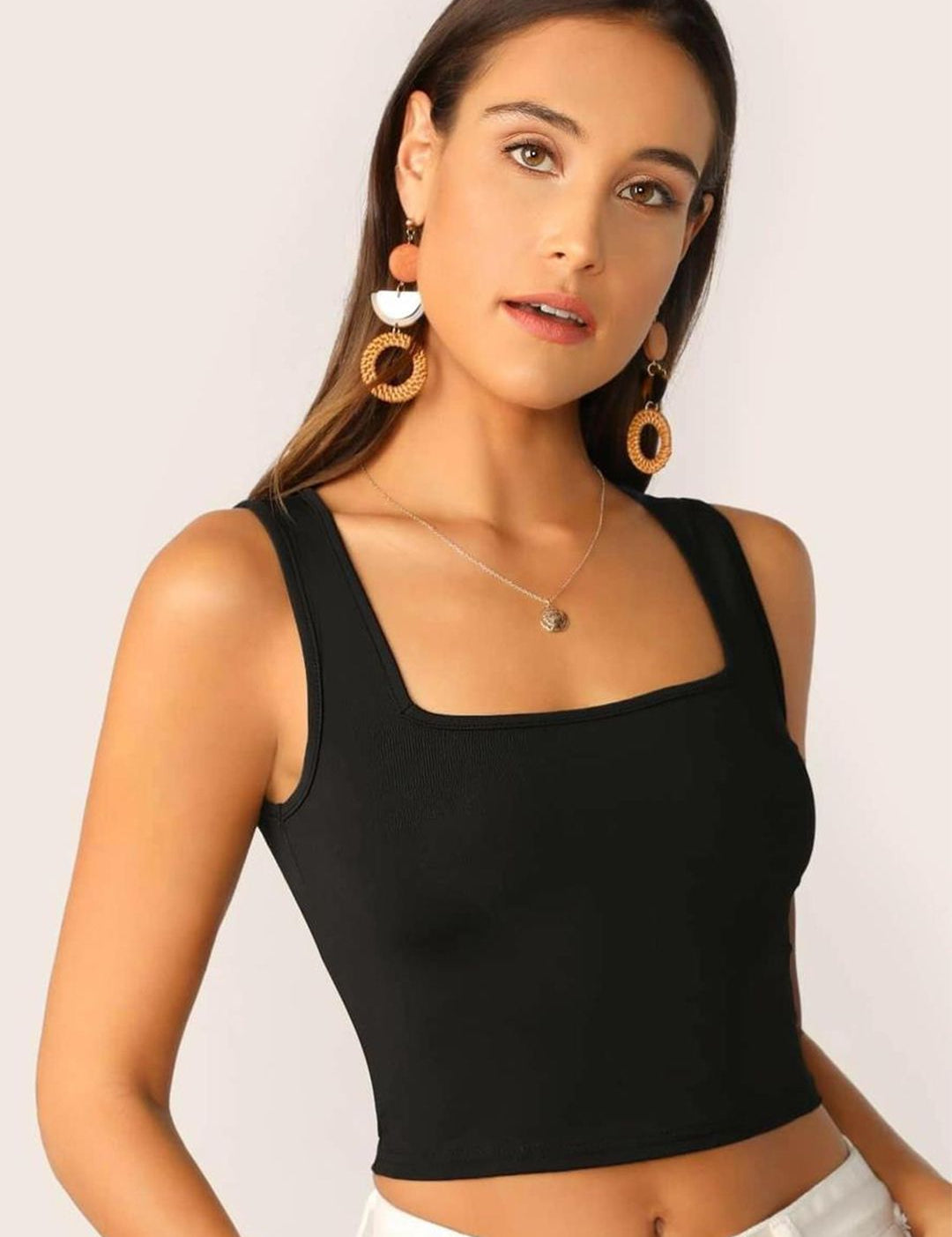 KOTTY Basics Black Square Neck Fitted Crop Top