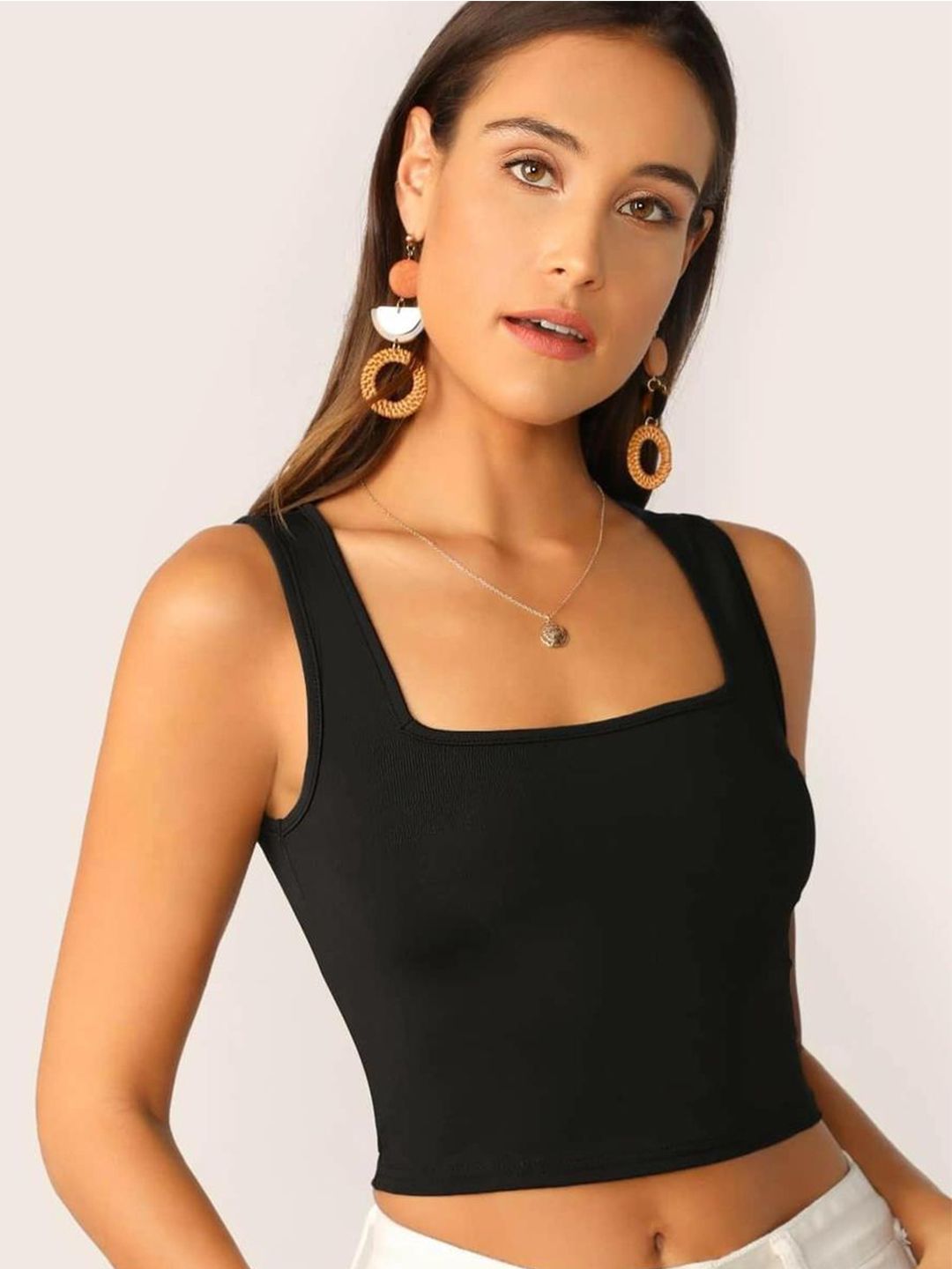 KOTTY Basics Black Square Neck Fitted Crop Top