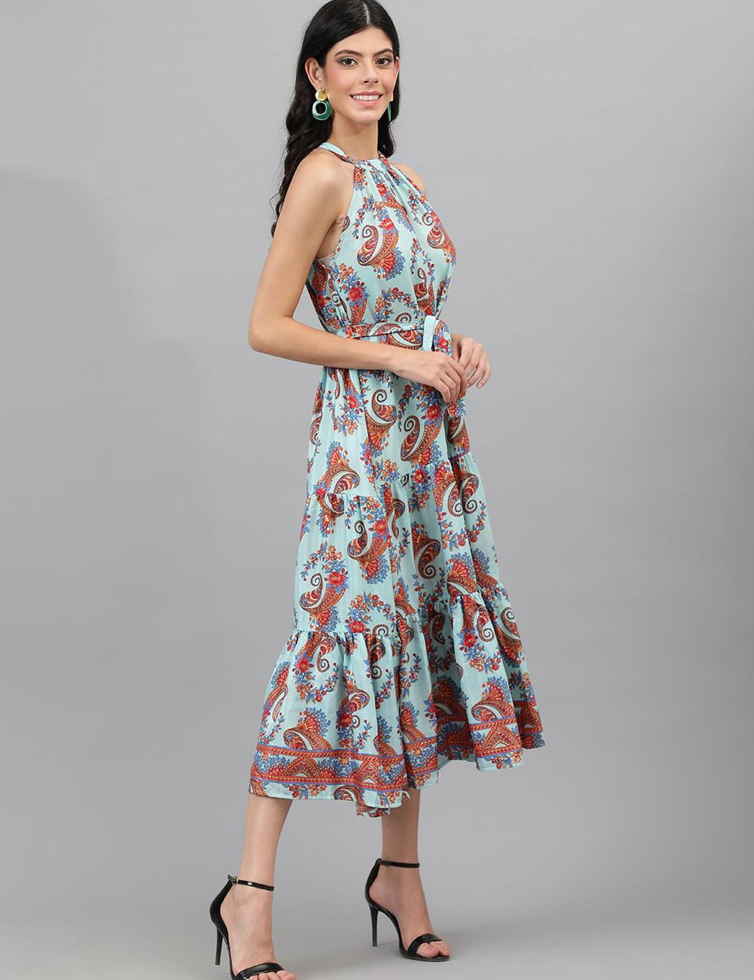Kotty  Turoquise Blue and Orange Ethnic Printed Tiered Halter Neck Fit & Flare Dress