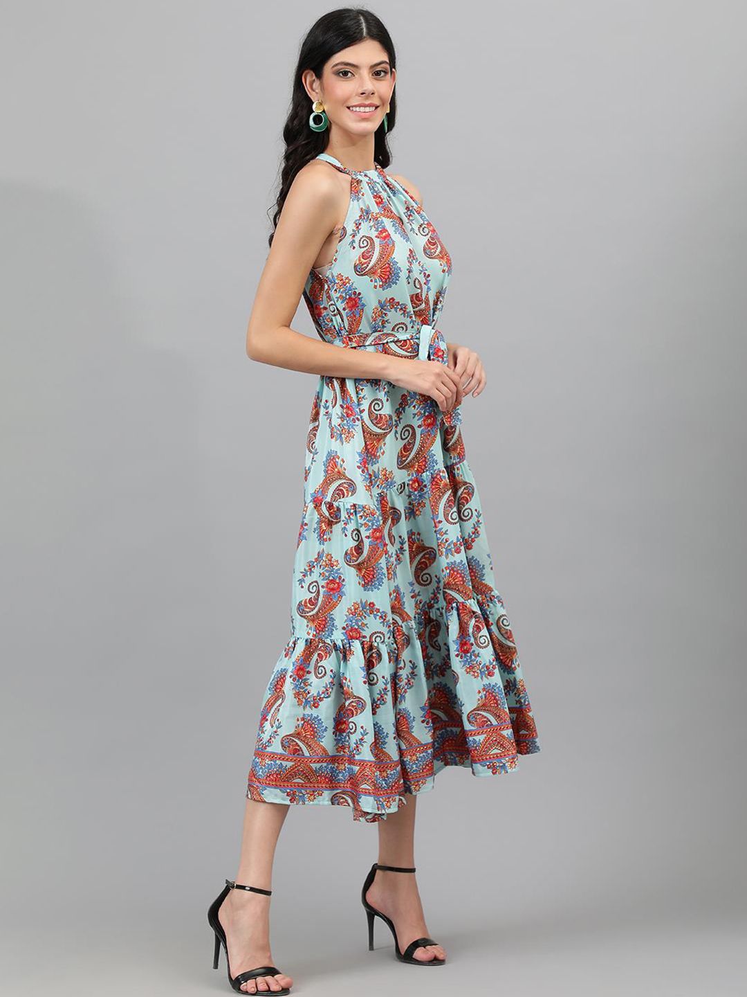 Kotty  Turoquise Blue and Orange Ethnic Printed Tiered Halter Neck Fit & Flare Dress