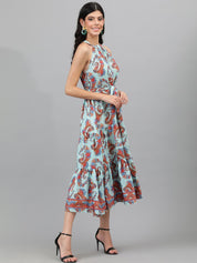 Kotty  Turoquise Blue and Orange Ethnic Printed Tiered Halter Neck Fit & Flare Dress