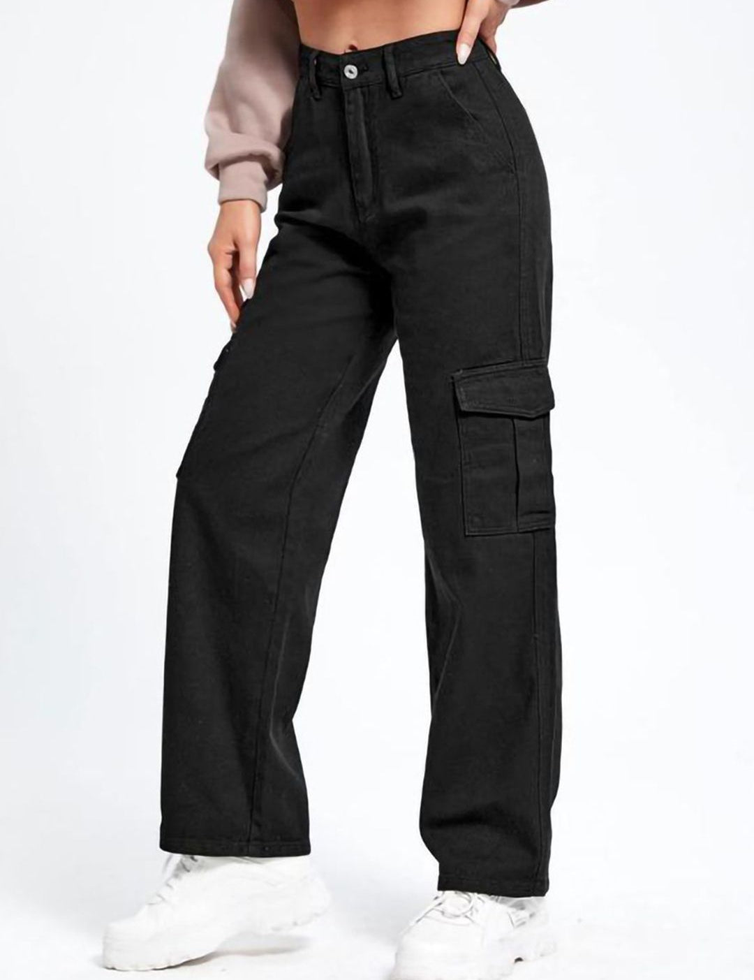 Kotty Women Cotton Straight Fit High-Rise Cargo Styles Jeans