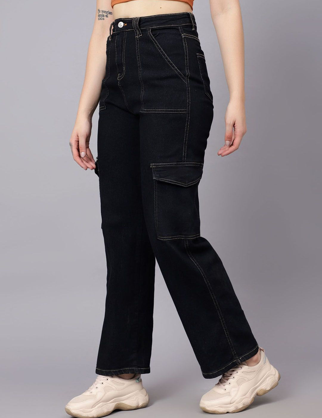 KOTTY Basics Women Straight Fit High-Rise Mildly Distressed Stretchable Cargo Styles Jeans