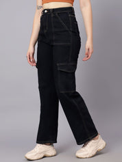KOTTY Basics Women Straight Fit High-Rise Mildly Distressed Stretchable Cargo Styles Jeans