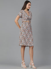 Kotty Floral Printed V-Neck Crop Top & Skirt