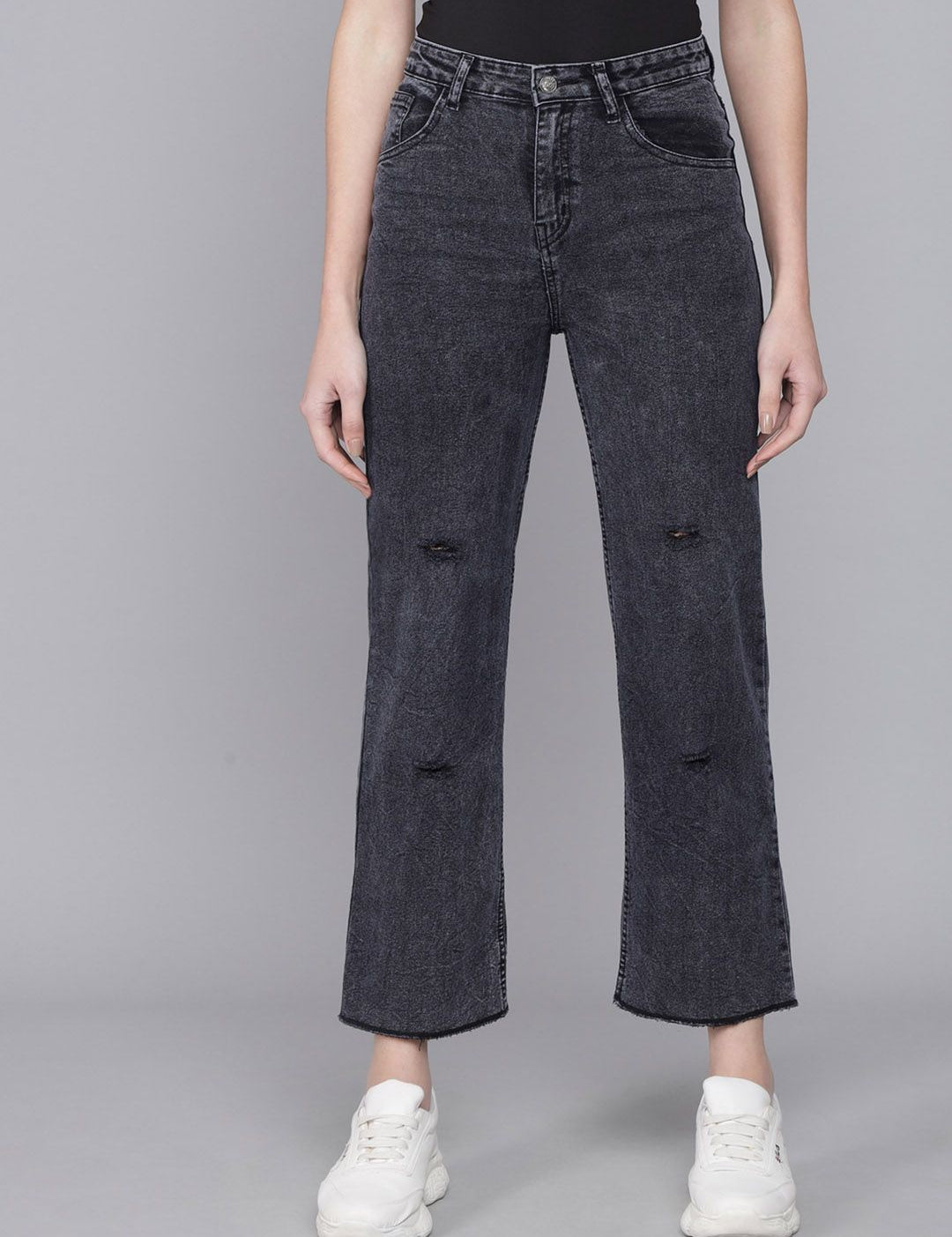 Kotty Women Black Flared High-Rise Slash Knee Heavy Fade Jeans