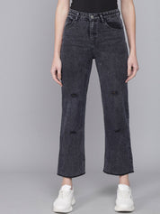 Kotty Women Black Flared High-Rise Slash Knee Heavy Fade Jeans