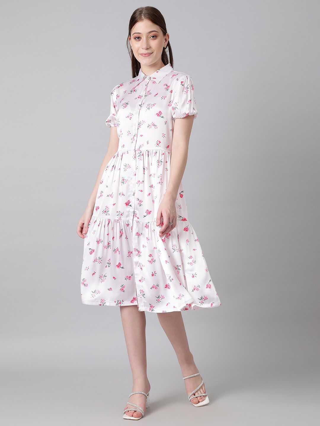 Kotty White & Pink Floral Printed Puffed Sleeves Tiered Satin Shirt Style Midi Dress