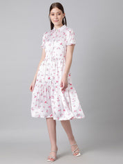 Kotty White & Pink Floral Printed Puffed Sleeves Tiered Satin Shirt Style Midi Dress