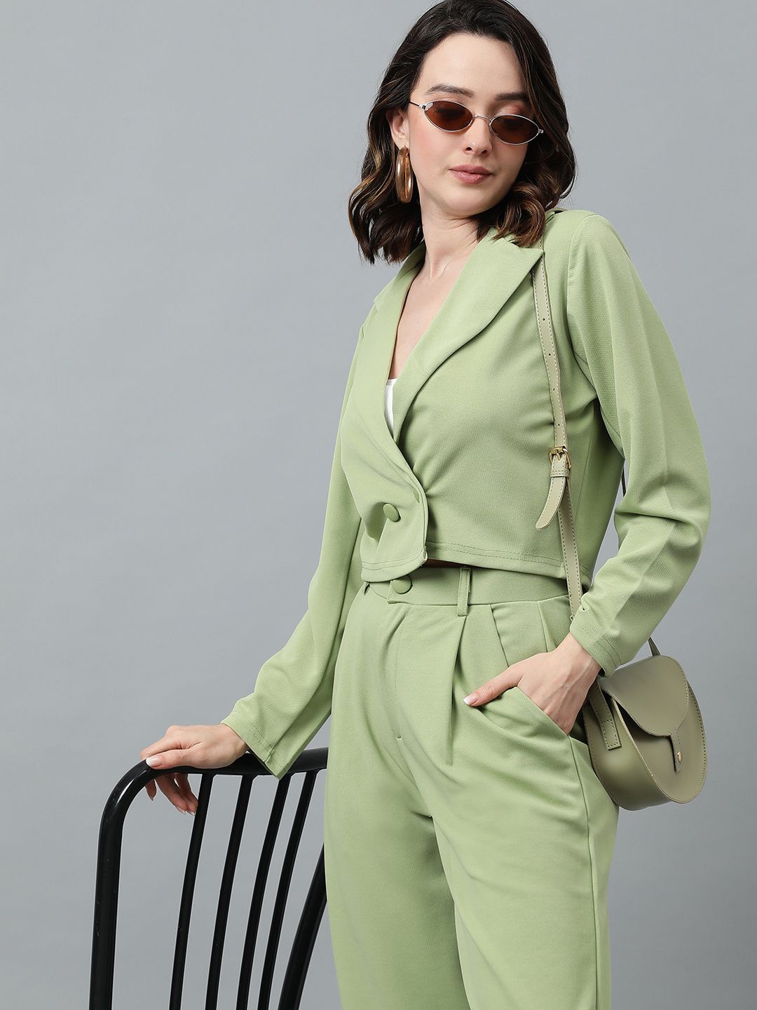 KOTTY BIZwear Green Notched Lapel Collar Blazer & Mid Rise Trouser