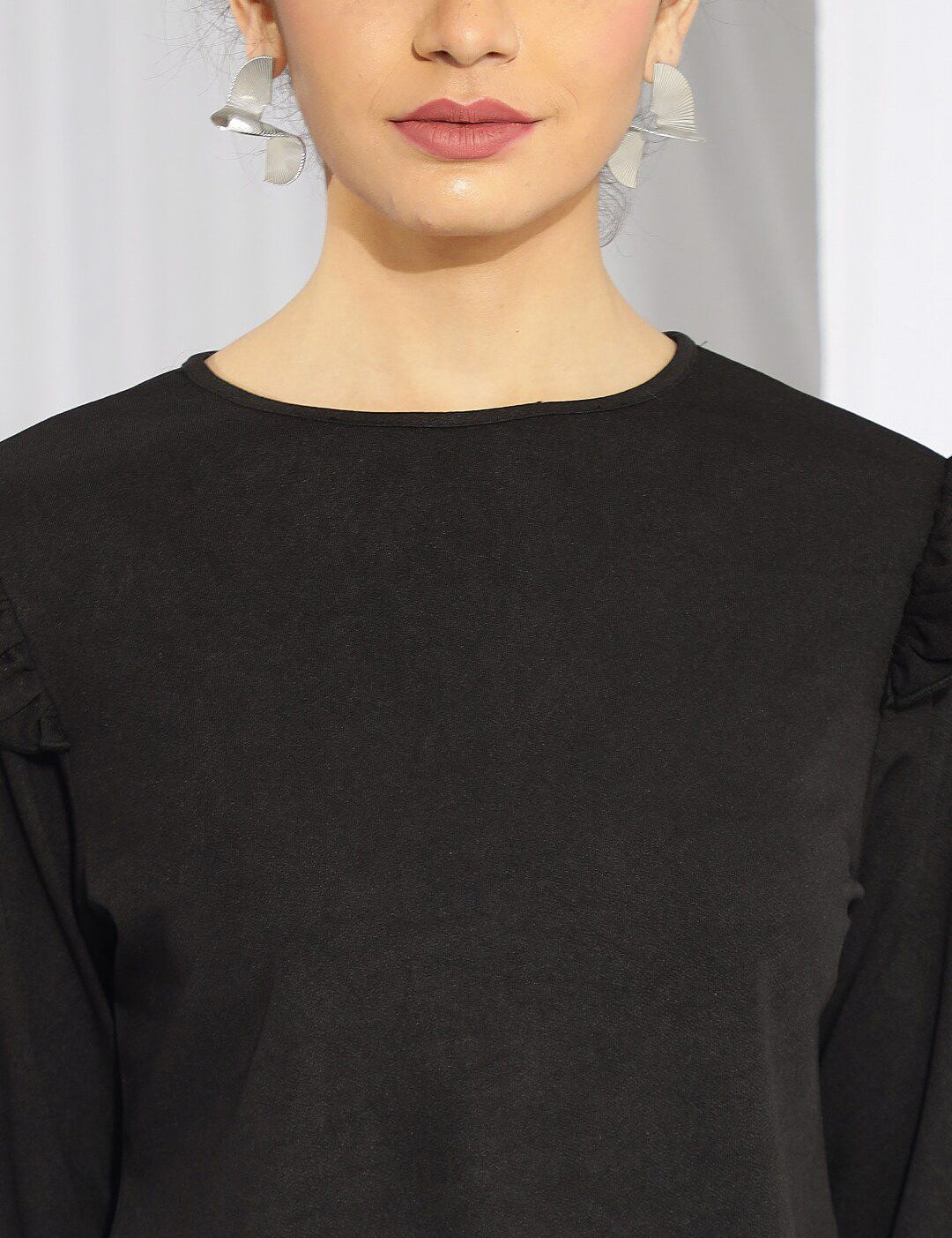 Kotty Black Round Neck Long Sleeves Ruffled Satin Top