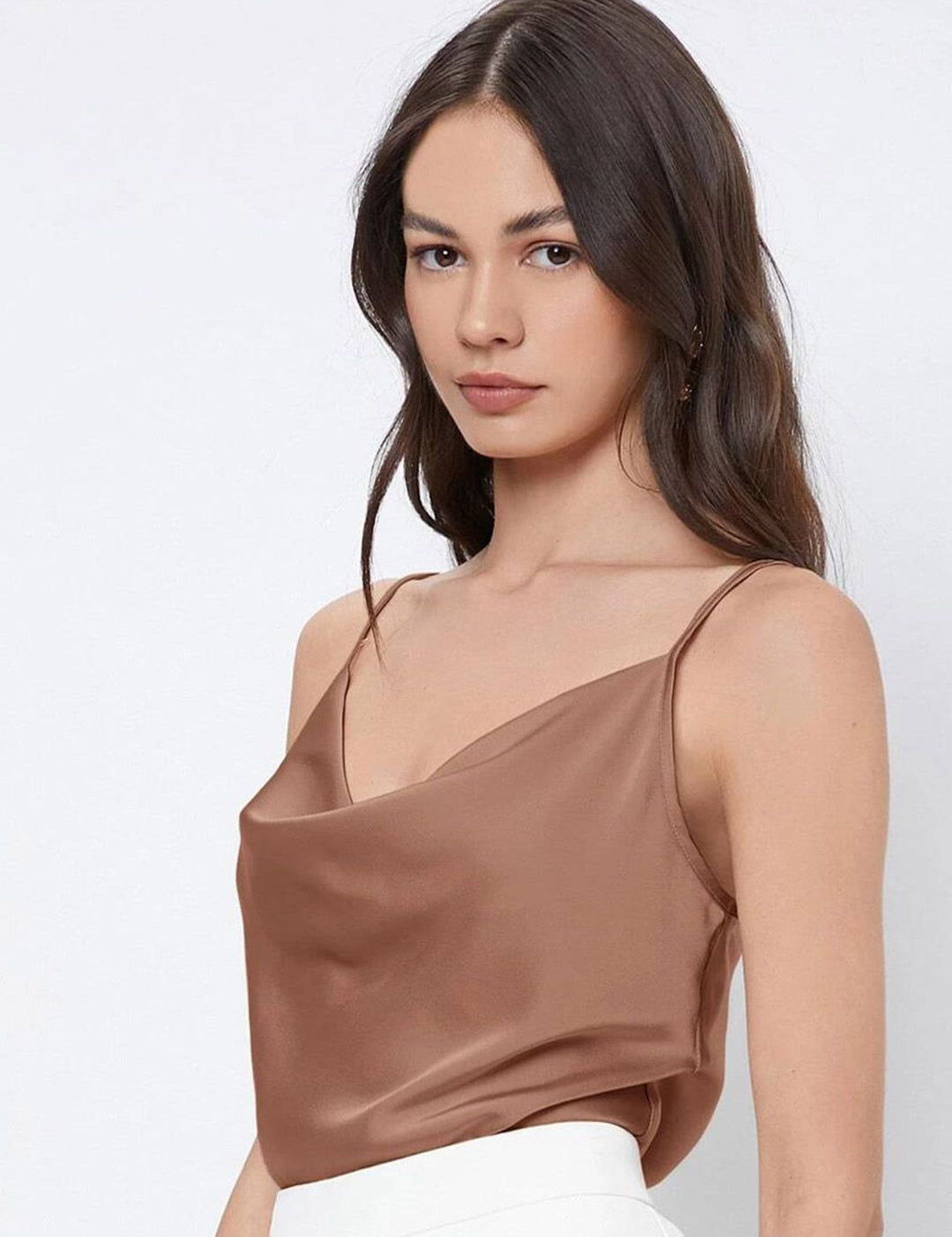 Kotty Brown Cowl Neck Satin Top