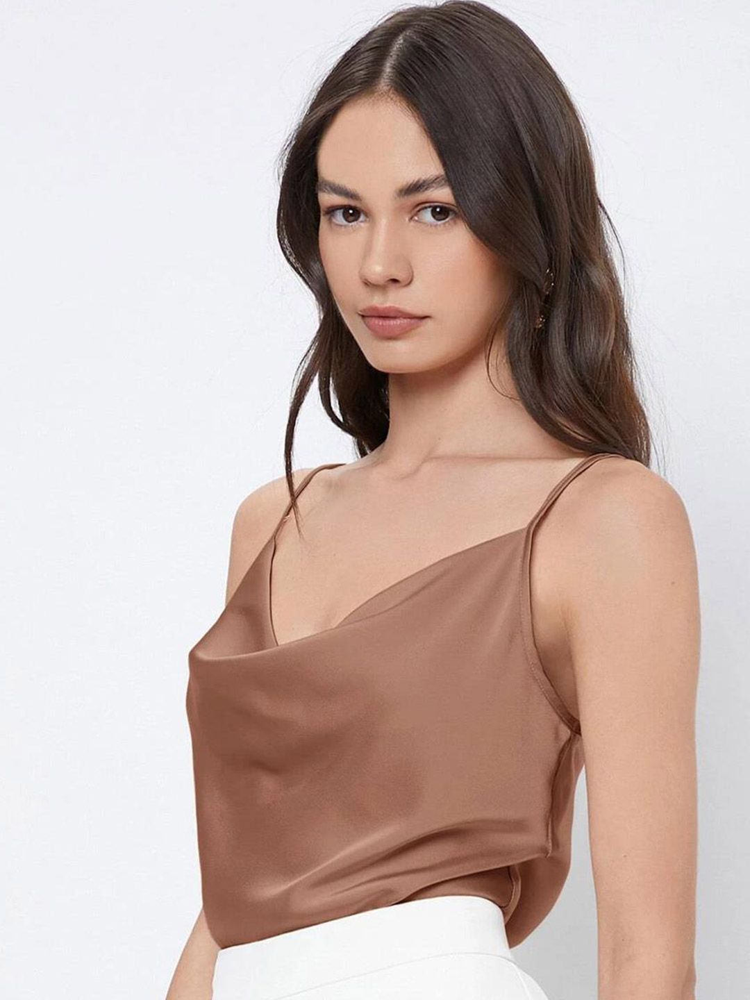 Kotty Brown Cowl Neck Satin Top