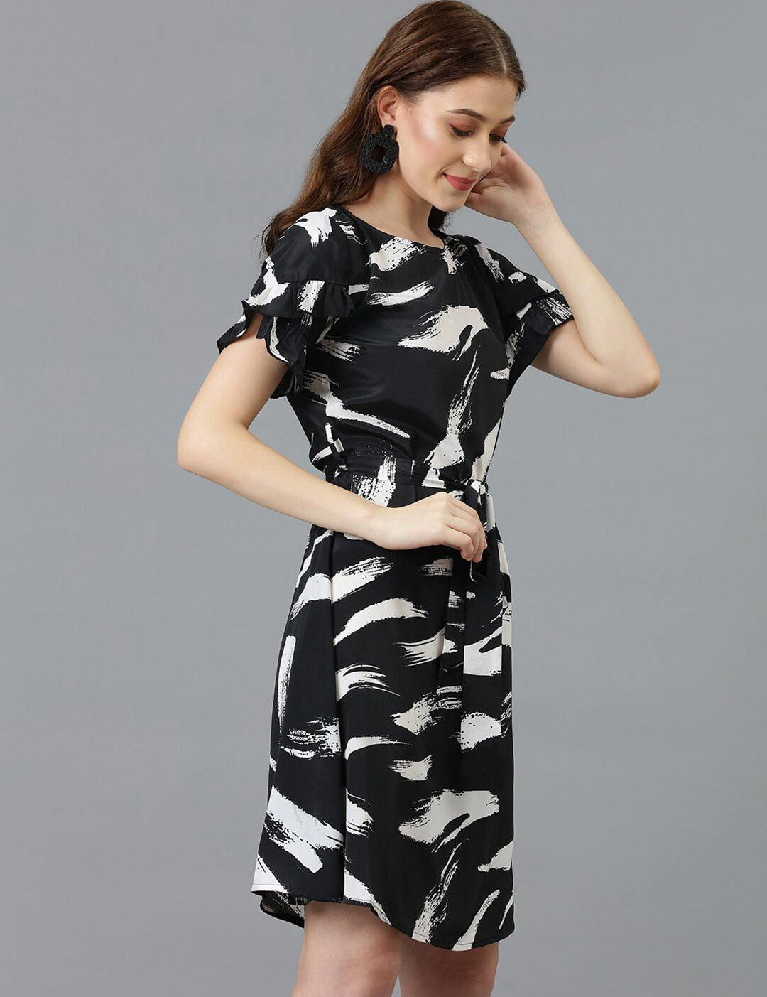 Kotty Black Abstract Printed Satin A-Line Dress