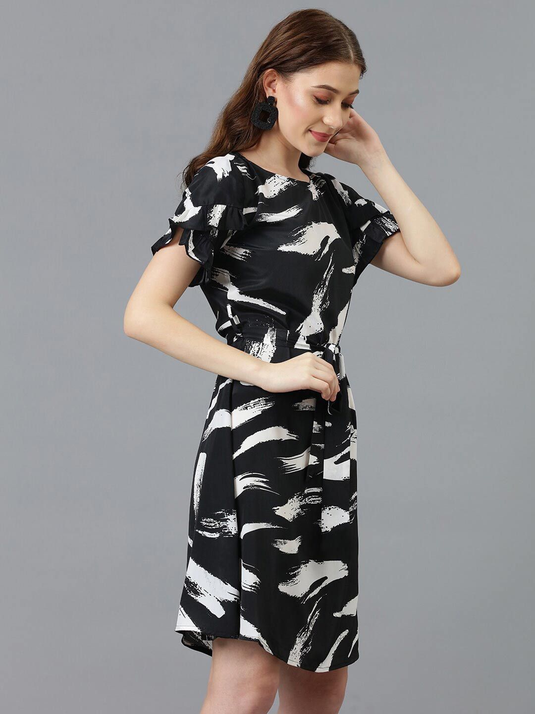 Kotty Black Abstract Printed Satin A-Line Dress