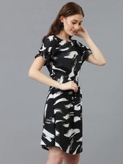 Kotty Black Abstract Printed Satin A-Line Dress
