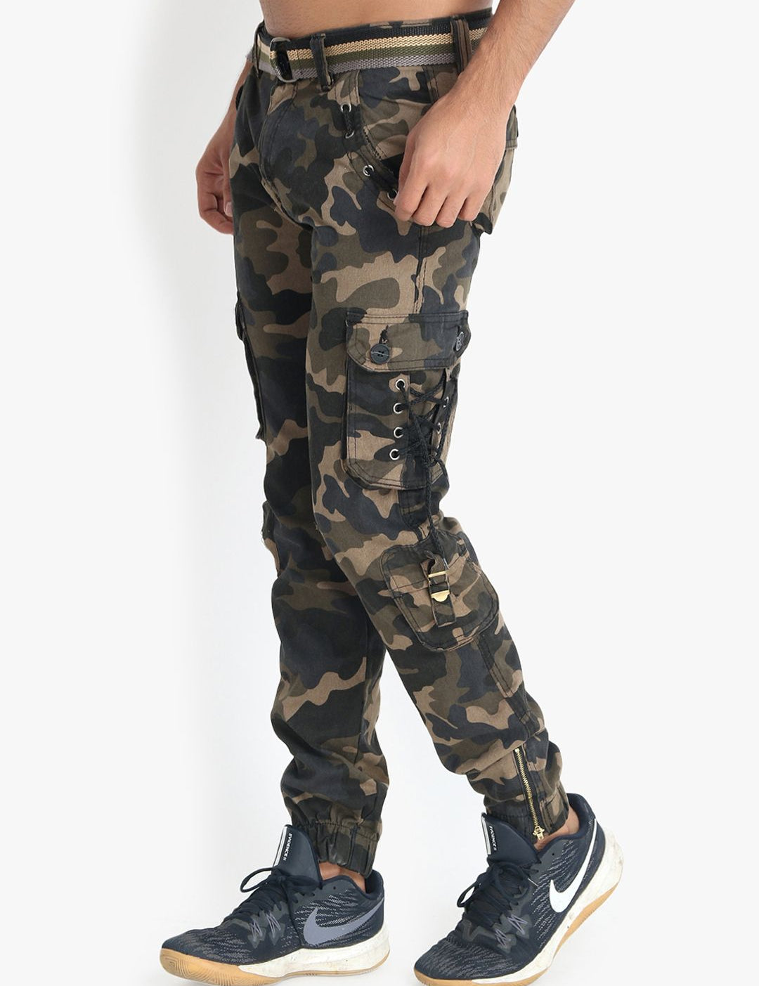 Kotty Men Beige & Green Regular Fit Camouflage Printed Cargos