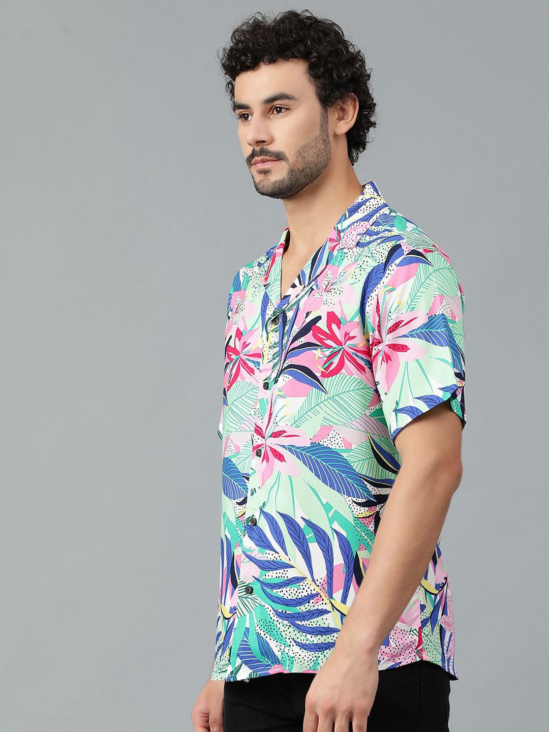 Kotty Men Cuban Collar Floral Printed Casual Shirt