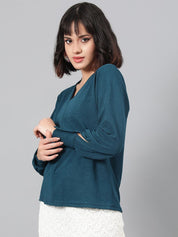 Kotty Green V-Neck Cuffed Sleeves Top