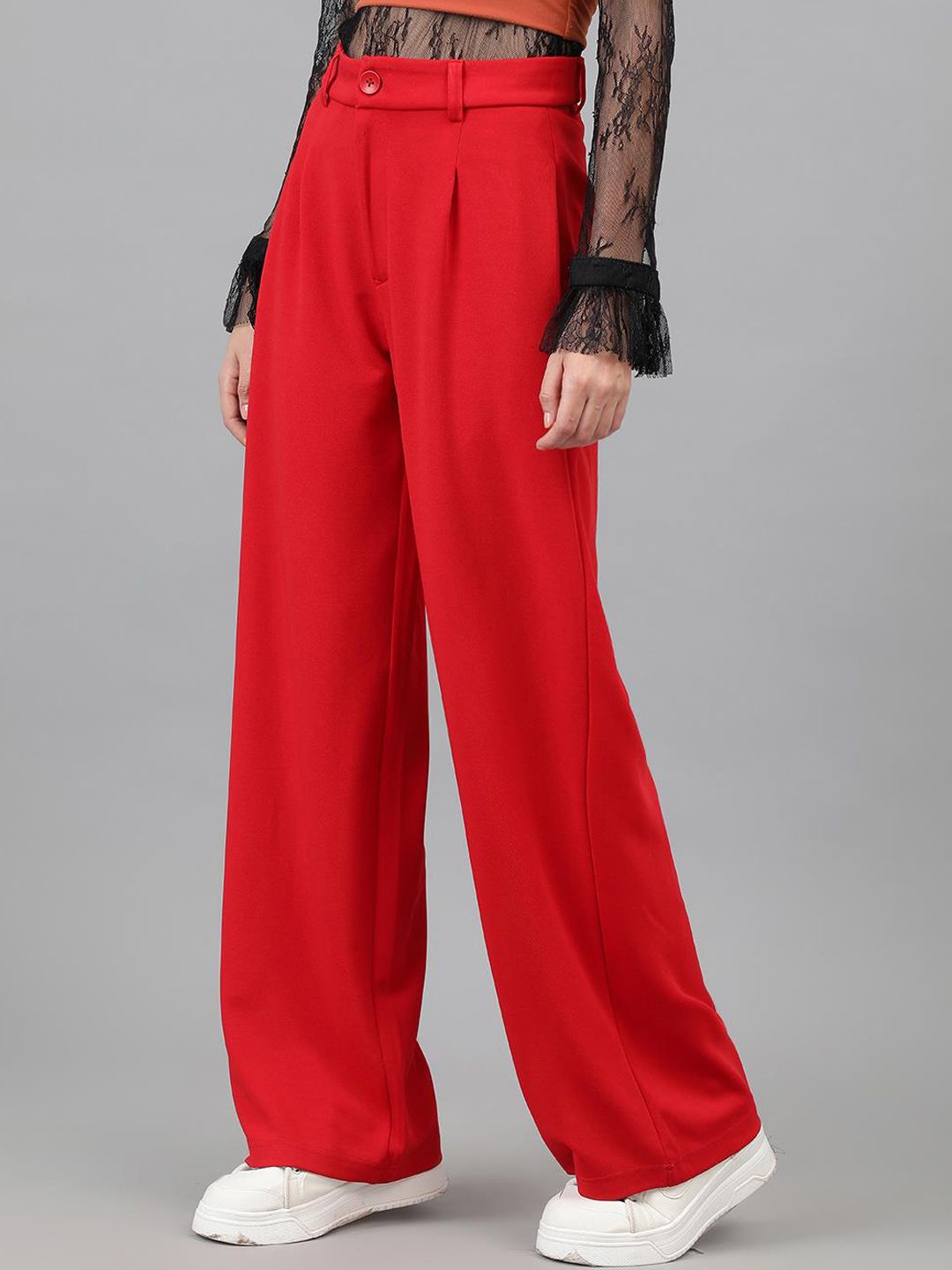 Kotty Women Red Relaxed Straight Leg Straight Fit High-Rise Easy Wash Trousers