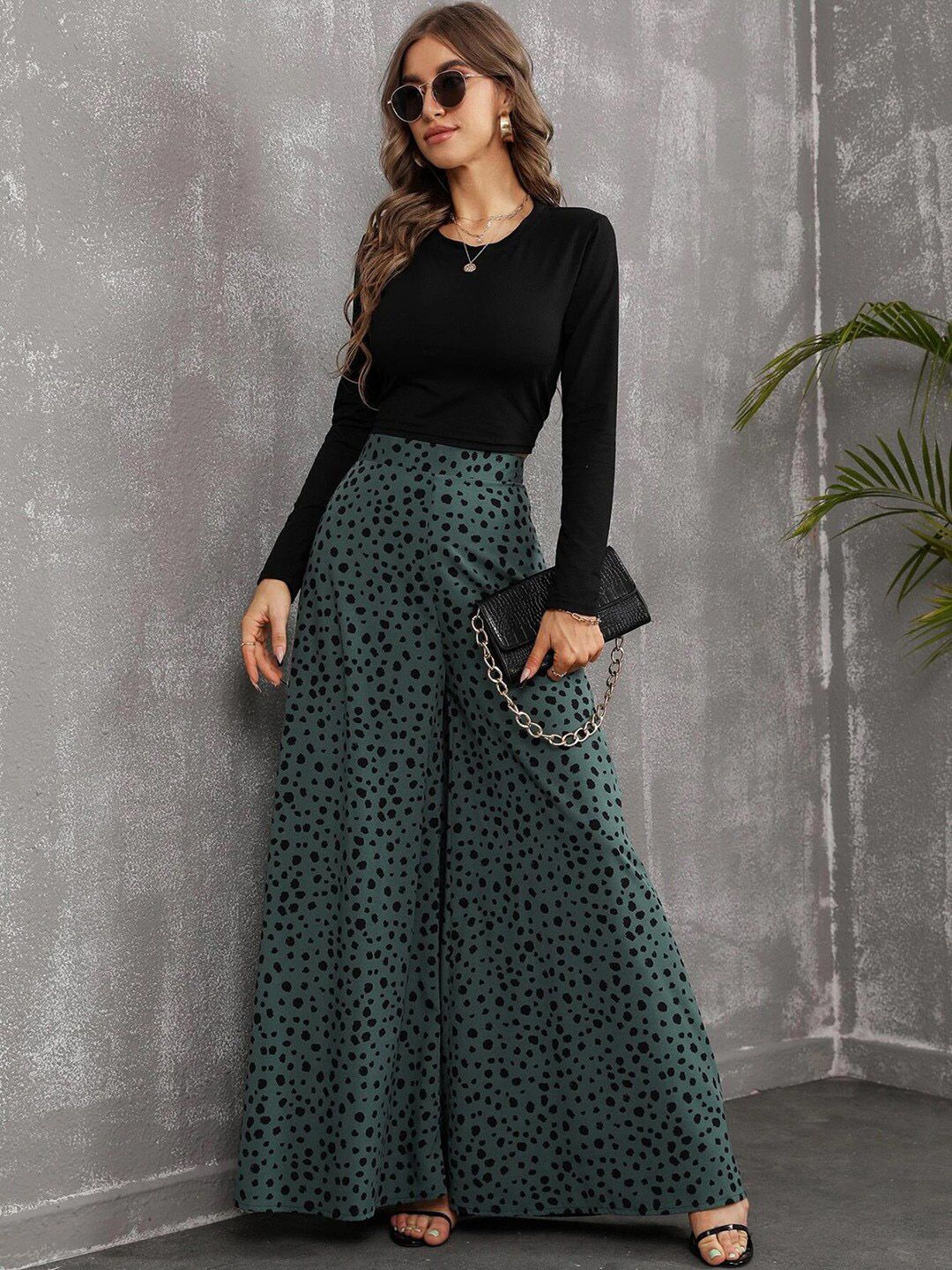 Kotty Women Green Printed Relaxed Flared High-Rise Easy Wash Trousers