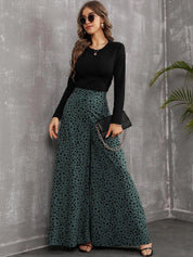 Kotty Women Green Printed Relaxed Flared High-Rise Easy Wash Trousers