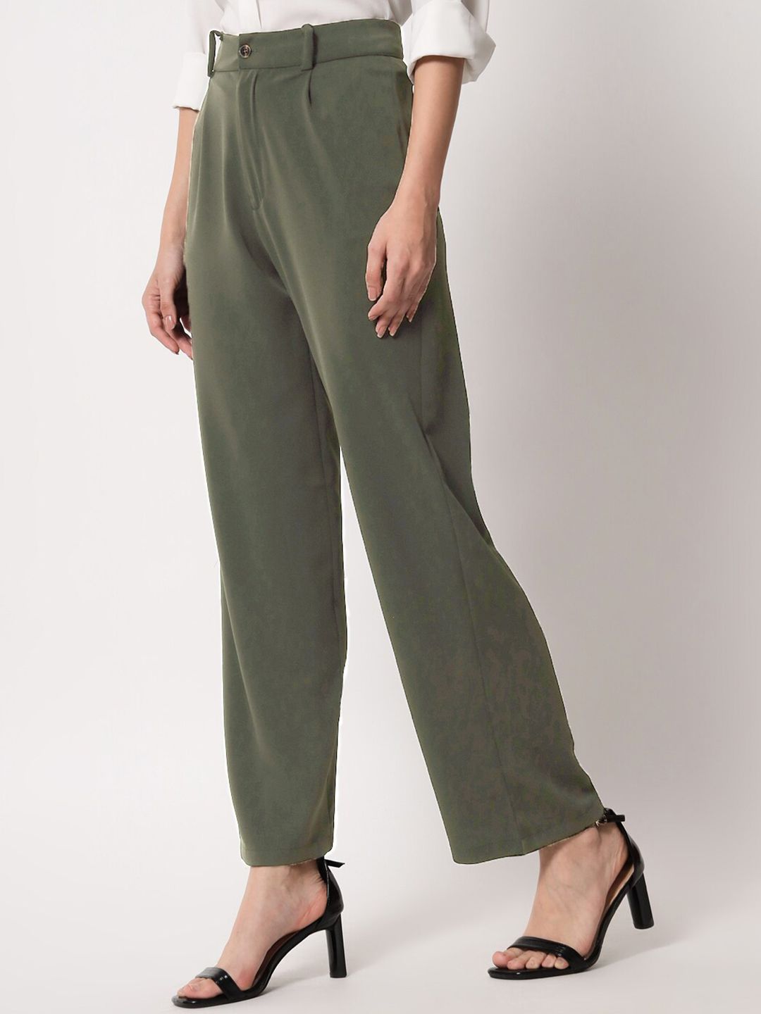 KOTTY BIZwear Women Green Relaxed Straight Leg Straight Fit High-Rise Trousers