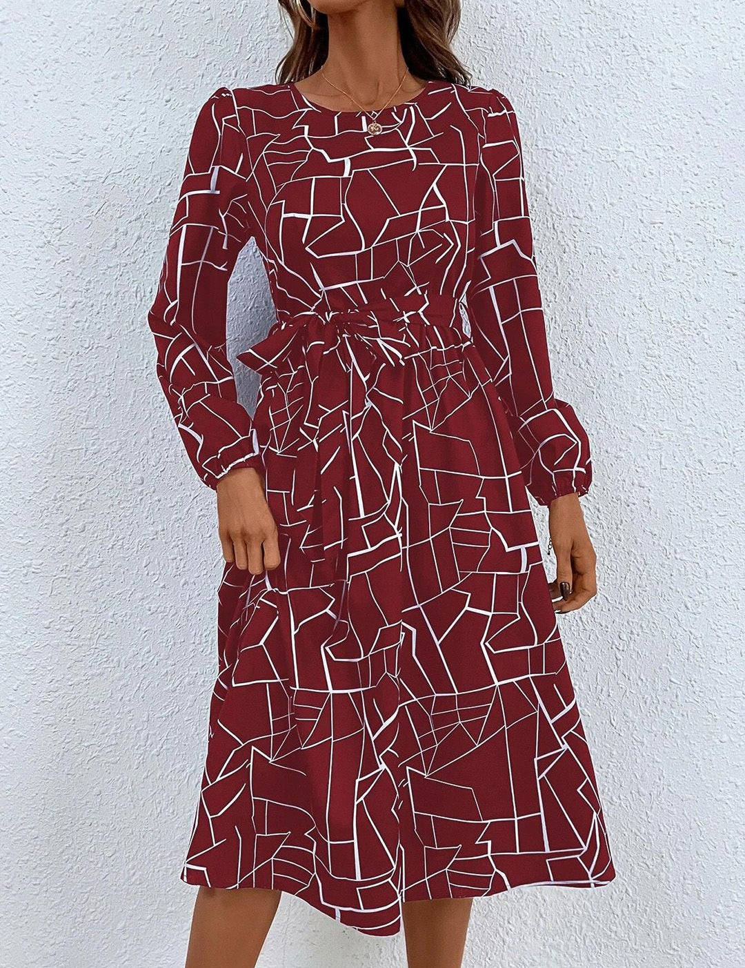 Kotty Maroon Abstract Printed Fit & Flare Midi Dress