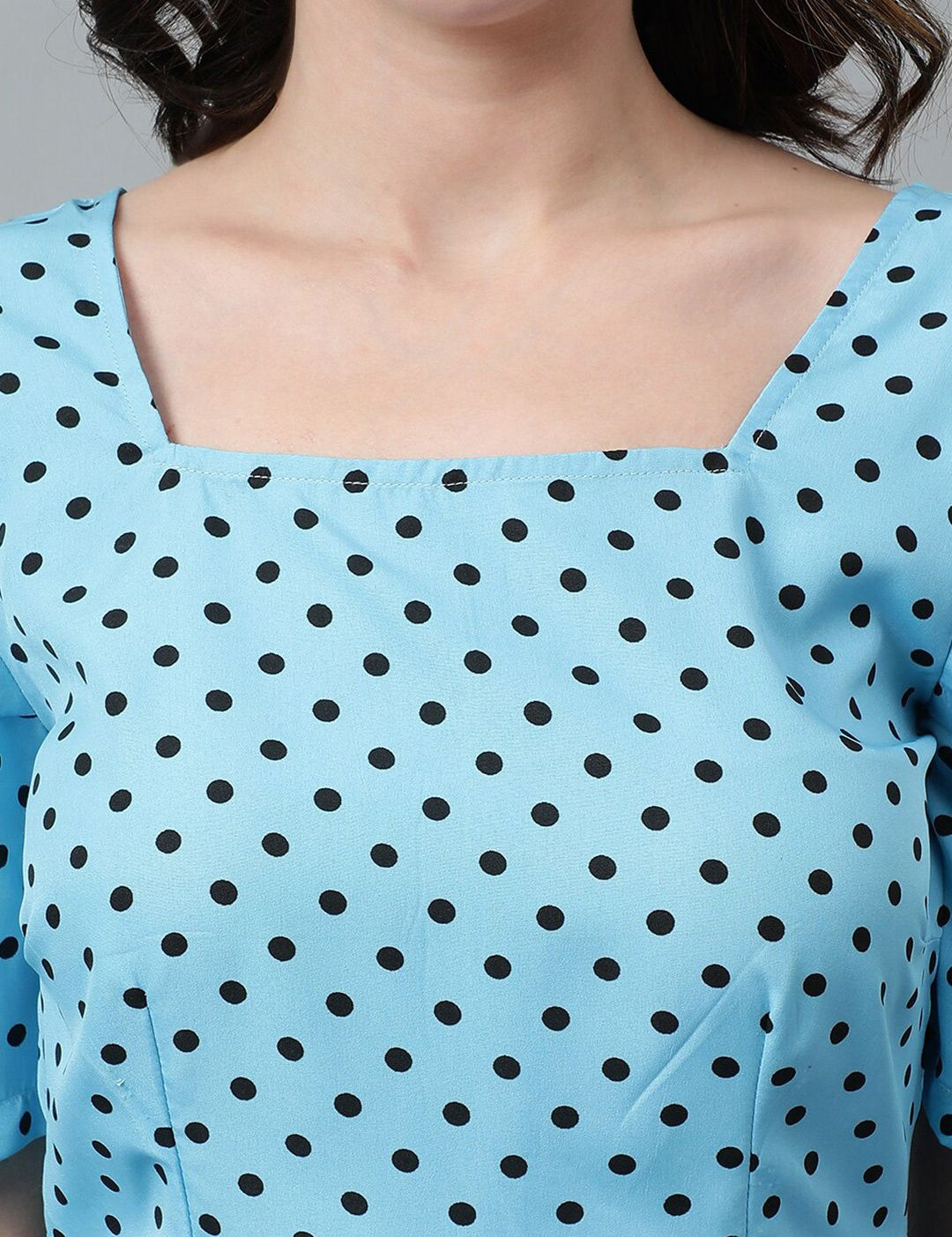 Kotty Blue Polka Dot Printed Crepe Peplum Top