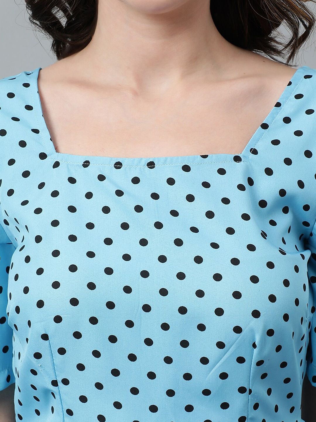 Kotty Blue Polka Dot Printed Crepe Peplum Top