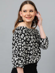 Kotty Black Floral Print Off-Shoulder Puff Sleeve Crepe Bardot Top