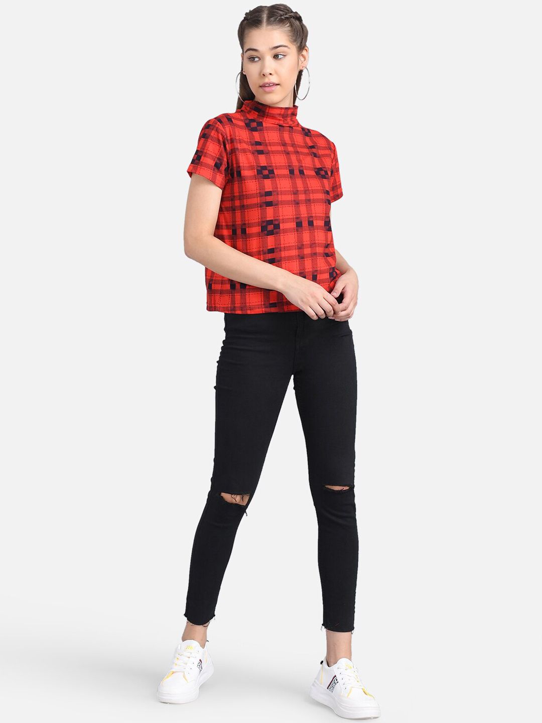 Kotty Women Red & Black Checked Pure Cotton Top