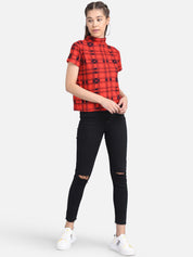 Kotty Women Red & Black Checked Pure Cotton Top