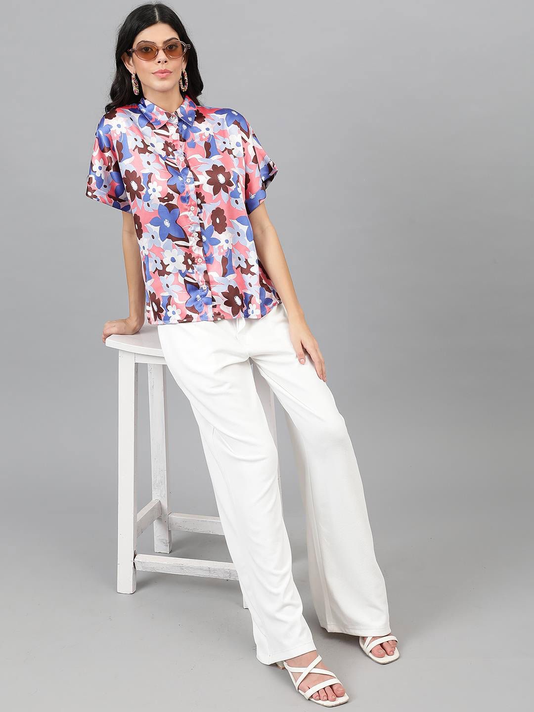 Kotty White & Blue Floral Printed Satin Shirt Style Top