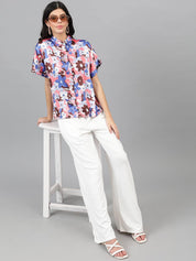 Kotty White & Blue Floral Printed Satin Shirt Style Top